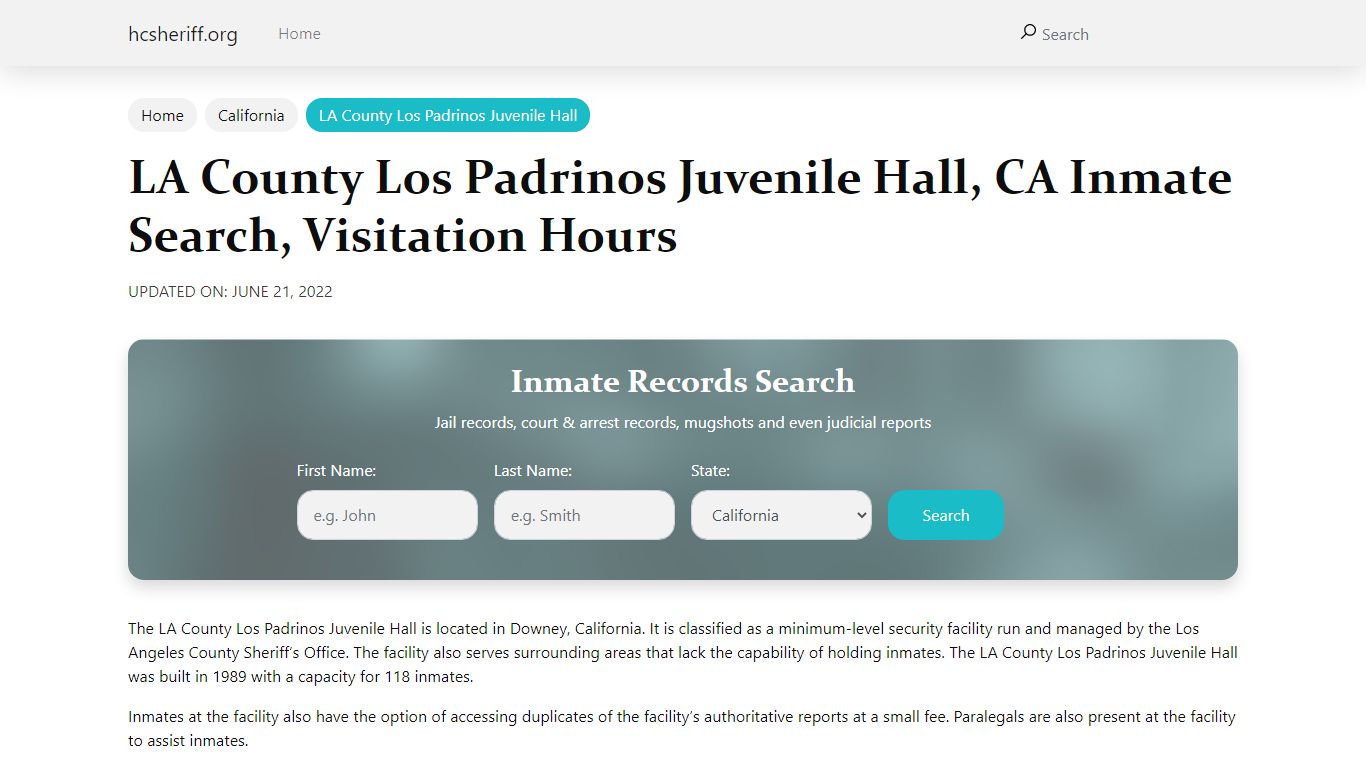 LA County Los Padrinos Juvenile Hall, CA Inmate Search ...